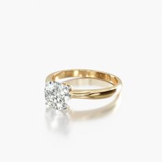 a rose gold engagement ring with a single diamond in the center, on a white background