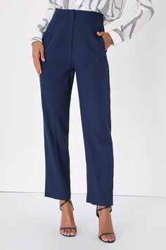 Chic Tailored Work Pants For Office, Chic Career Straight Pants, Chic Straight Career Pants, Elegant Ankle-length Work Pants For Office, Office Work Pants With Welt Pockets, Ankle Length, Office Work Pants Ankle-length With Welt Pockets, Tailored High Waist Work Pants, Ankle-length Work Pants With Welt Pockets For Office, Chic Straight Leg Career Bottoms