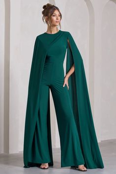 Harley | Bottle Green Straight-Leg Jumpsuit With Cape Sleeves Cape Sleeves Jumpsuit, Cape Jumpsuits For Women, Elegant Jumpsuit Classy, Green Jumpsuit Outfit, Observational Studies, Jumpsuit With Cape, Classy Jumpsuit Outfits, Package Branding, Cape Jumpsuit