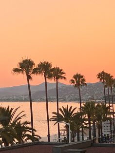 palm trees line the beach as the sun sets over the water and mountains in the distance