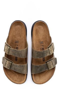 This oiled leather sandal gets a sporty update with outdoor-ready soles for increased traction and adventure. A signature contoured cork footbed provides the same daylong comfort this iconic sandal is known for. Leather upper and lining/synthetic sole Imported Birkenstock Arizona, Mens Sandals, Slide Sandals, Slip On Sandal, Leather Sandals, Birkenstock, Cork, Arizona, Leather Upper