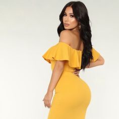 Sexy Midi Ruffle Dress Sz.Med Off The Shoulder Mermaid Fit Dress, Very Stretchy. Thicker Material. 97% Poly 3% Spandex Yellow Off-shoulder Midi Dress For Party, Yellow Stretch Dress For Night Out, Yellow Midi Dress For Night Out, Yellow Fitted Off-shoulder Mini Dress, Flirty Yellow Dresses For Date Night, Yellow Bodycon Midi Dress For Party, Yellow Midi Bodycon Dress For Party, Chic Yellow Bodycon Dress For Night Out, Yellow Off-shoulder Dress For Night Out