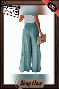 Blue Layered Pleated High Rise Wide Leg Pants High Rise Solid Color Summer Pants, High Rise Non-stretch Pants For Day Out, Summer High Rise Stretch Wide Leg Pants, Solid High Rise Bottoms For Day Out, Chic Blue Baggy Pants, Chic Baggy Blue Pants, Bottoms Pants, Leg Pants, Wide Leg Pants