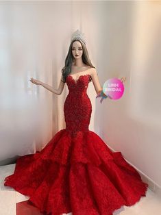 Dramatic Red Beaded Fit and Flare Wedding/evening Gown With - Etsy Lace Ball Gown With Sweep Train For Prom Season, Red Gown For Pageant During Prom Season, Lace Mermaid Dress For Wedding And Prom Season, Prom Season Lace Mermaid Dress With Sweep Train, Floor-length Lace Mermaid Dress For Prom, Fitted Lace Evening Dress For Quinceanera, Lace Evening Dress With Detachable Train For Prom, Lace Gown With Mermaid Hem For Prom Season, Lace Gown With Mermaid Hem For Prom