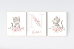 three watercolor paintings with the letter n and two kittens, one in pink flowers