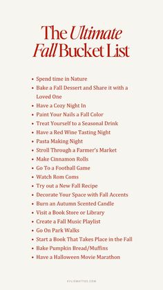 the ultimate fall bucket list is shown in red and white, with words above it