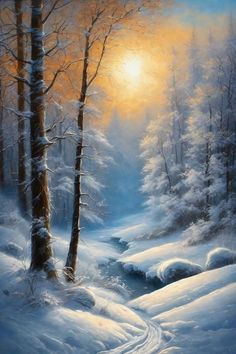 a painting of snow covered trees and a stream