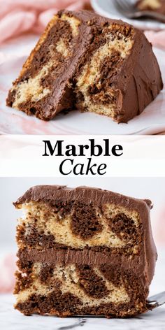 two pictures of marble cake with chocolate frosting on top and the same one cut in half