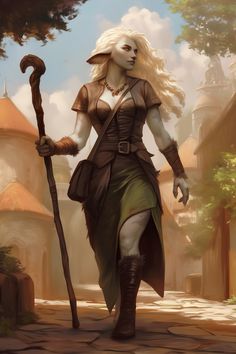 a painting of a woman with white hair holding a staff and walking down a street