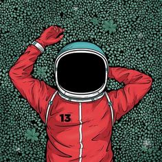 an astronaut is standing in the grass with his hands on his head and looking up at the stars