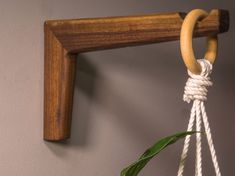 a plant hanging from a wooden hook on a wall next to a white rope and wood hanger