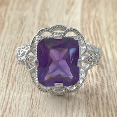 Amethyst Art, Amethyst Cocktail Ring, Purple Stuff, Art Deco Filigree, Unique Rings Vintage, Silver Diamond Ring, Marcasite Ring, Princess Cut Rings, Pattern Ring