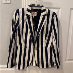 Super Cute And Original!!! Navy And White Stripes With Gold Button Details Casual Striped Blazer With Button Closure, Preppy White Fitted Outerwear, White Fitted Preppy Outerwear, Preppy White Outerwear For Spring, Preppy Cotton Blazer For Workwear, Faux Jacket, Animal Print Blazer, Gold Blazer, Juicy Couture Jacket