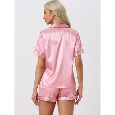 This 2-piece sleepwear set, featuring a short-sleeved top and shorts, is ideal for loungewear, nightwear, and daily wear at home. Made from soft, breathable pure satin, it offers an exceptional wearing experience. Whether you enjoy cozy bedtimes, relax at home, spend a lazy afternoon, or unwind in a bath, this lightweight women's pajama set is the perfect companion. It also makes a wonderful gift for your mom, wife, daughter, girlfriend, or friends. These casual lounge sets are excellent choices Pink Short Set For Loungewear, Pink Short Sleeve Sleep Set, Pink Short Sleeve Short Set For Sleep, Pink Short Set For Sleep, Casual Pink Short Set For Sleep, Casual Short Sleepwear For Home, Pink Short Bedtime Sets, Pink Short Length Loungewear Set, Pink Short Sleeve Short Set For Bedtime