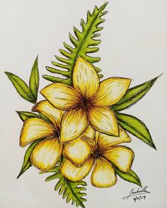 a drawing of yellow flowers with green leaves