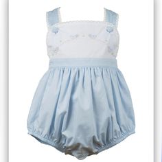 Brand New With Tags. Size 6 Month. Light Blue Bubble Romper For Summer Playtime, Blue Fitted Bubble Romper For Spring, Fitted Blue Bubble Romper For Spring, Spring Fitted Blue Bubble Romper, Cute Spring Bubble Romper For Baptism, Cute Bubble Romper For Spring Baptism, Sleeveless Blue Bubble Romper For Playwear, Blue Cotton Bubble Romper With Ruffles, Spring Blue Bubble Romper For Playtime