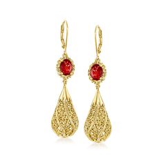 Ross-Simons - 4.00ct t. w. Garnet Filigree Drop Earrings in 18kt Gold Over. Brimming with beautiful filigree openwork, these elegant bulb-style drop earrings flash rich 4.00 ct. t. w. oval garnets for a stunning contrast against their sunny 18kt yellow gold over sterling silver setting. Hanging length is 2 1/4". Leverback, garnet filigree drop earrings. Garnet birthstones are the perfect gift for January birthdays. Garnet Birthstone, Fine Jewelery, Garnet Stone, Red Stone, Fine Jewellery Earrings, Stone Cuts, Garnet, Jewelry Watches, Flash