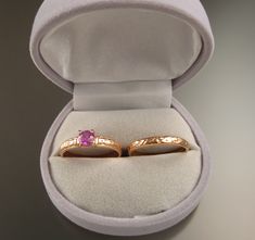 "This is an eye catching natural Peppermint Pink Ceylon Sapphire. 5 mm stone weighs about .55ct and is set in 14k rose gold. These are natural stones and may contain slightly visible inclusions but overall are quite clean and top color. The 3.25mm wide band has a vintage style Victorian floral pattern. Comes with a matching 2.5mm wide ring band. Sapphire Hardness is Mohs 9, second only to Diamond. I can make this ring in any size between 3 and 8. Specify your ring size in a \"note to seller\" at Rose Gold Pink Sapphire Jewelry For Wedding, Rose Gold Pink Sapphire Wedding Jewelry, Pink Gold Solitaire Jewelry For Wedding, Pink Gold Solitaire Wedding Jewelry, Wedding Jewelry Pink Sapphire With Diamond Cut, Rose Gold Pink Sapphire Round Cut Jewelry, Wedding Pink Sapphire Jewelry With Diamond Cut, Rose Gold Solitaire Pink Sapphire Jewelry, Elegant Pink Bridal Sets As Gift