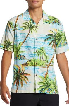 Feel like you're on vacation no matter what you're doing in this island-print camp shirt woven in a light and drapey organic-cotton blend. Front button closure Notched collar Short sleeves Chest patch pocket 57% organic cotton, 43% viscose Machine wash, tumble dry Imported Graphic Print Camp Collar Hawaiian Shirt For Beach Season, Multicolor Relaxed Fit Short Sleeve Shirt For Vacation, Cotton Camp Shirt With Short Sleeves For Vacation, Relaxed Fit Multicolor Short Sleeve Shirt For Vacation, Relaxed Fit Printed Shirt For Vacation, Relaxed Fit Short Sleeve Shirt For Vacation, Green Hawaiian Summer Shirt For Vacation, Graphic Print Camp Shirt For Beach Season, Beach Season Graphic Print Camp Shirt