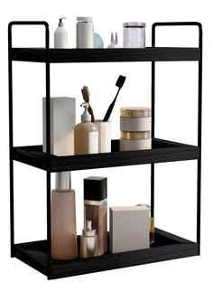 three tiered shelving unit with cosmetics and toiletries on it's sides