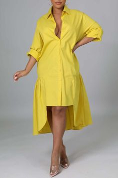 Yellow Casual Solid Patchwork Shirt Collar Shirt Dress Dresses Oversized Solid Color Shirt Dress For Spring, Spring Oversized Solid Color Shirt Dress, Oversized Solid Color Button-up Dress, Oversized Button-up Solid Color Dress, Knee-length Shirt Dress For The Beach, Summer Collared Shirt Dress In Solid Color, Spring Non-stretch Collared Dress, Solid Color Collared Vacation Dress, Spring Collared Non-stretch Dress