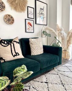 a living room filled with green couches and pictures on the wall above them, along with potted plants