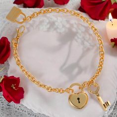 Material: Bronze & Gold Plating (24k) Size: 8.75 Inches  Clasp: Lobster Clasp Finish: Polished Finish Key Bracelet, Heart Lock, Locks & Key, Bronze Gold, Body Jewellery, Gold Plating, Arm Band, Body Jewelry, Lobster Clasp