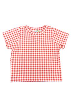 Material: Knit Cotton (95% cotton, 5% spandex) Gingham Cotton Short Sleeve Tops, Casual Gingham Crew Neck Top, Casual Red Top For Picnic, Classic Gingham Cotton Top, Cotton Gingham Tops For Picnic, Summer Plaid Crew Neck Top, Plaid Crew Neck Top For Summer, White Short Sleeve Top For Picnic, Red Gingham Shirt