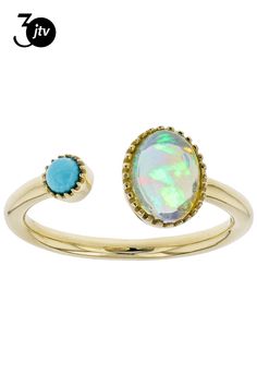 .76ct 6x8mm oval Ethiopian opal and 3mm round Sleeping Beauty turquoise, 10k yellow gold ring. Measures approximately .57"L x .35"W. Sleeping Beauty Turquoise, Yellow Gold Ring, 10k Gold, Yellow Gold Rings, Ethiopian Opal, Gold Ring, Sleeping Beauty, Gold Rings, Opal