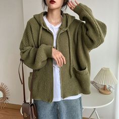 #ad Top Seller for Loose Hooded Knitted Cardigan Women's Autumn Winter Sweater Coat Jumper Outwear, Fashion Women's Sweaters Cardigan Grunge, Casual Coats For Women, Hooded Knit Cardigan, Grandma Fashion, Hooded Cardigan Sweater, Pocket Sweater, Zip Cardigan, Knitted Hood, Oversize Knit