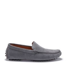 Driving Loafers Slate Grey Suede Side One Suede Driving Loafers With Suede Lining, Suede Loafers With Textured Sole For Driving, Casual Suede Moccasins For Driving, Suede Driving Loafers With Rubber Sole, Gray Leather Loafers For Formal Occasions, Gray Leather Loafers With Rubber Sole, Classic Suede Loafers For Driving, Formal Gray Leather Loafers, Gray Leather Formal Loafers