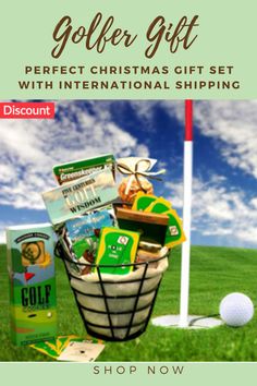 the golf gift basket is on display in front of a green field and blue sky