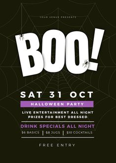 a halloween party flyer with spider webs on the front and bottom, as well as an