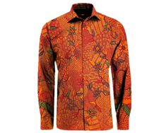 Madura Batik Shirt 100% handmade from the Indonesian island of Madura : Customise shirt size Orange Cotton Shirt With Print, Fitted Orange Printed Shirt, Hawaiian Long Sleeve Tops With Tropical Print, Multicolor Long Sleeve Hawaiian Shirt, Long Sleeve Hawaiian Top With Tropical Print, Orange Cotton Floral Print Shirt, Long Sleeve Cotton Tops With Tropical Print, Orange Floral Print Cotton Shirt, Multicolor Cotton Batik Print Shirt