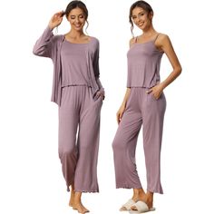 Great for loungewear, nightwear, sleepwear, home bedroom, daily wear. Features: 3 Piece sleepwear set, includ camisole, long sleeve cardigan and trousers.These women's sleepwears set use the soft breathable pure satin, give you great dress exprience. Design: solid color long sleeve tops cami and trousers, the sleepwear is casual but comfy, and the light color looks very fashion and deep color look mature. You have many choice to match it with your heart. No matter the cozy bedtime, casual home r Purple Pajama Set, Women’s Sleepwear, Long Sleeve Cami Top, Cruise Wardrobe, Purple Pajamas, Pajamas Comfy, Sleepwear Sets, Wardrobe Ideas, Loungewear Sets