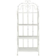 a white metal shelf with three shelves on each side and an iron design at the top