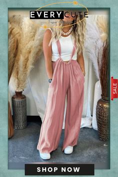 Women's Solid Casual Loose Wide-leg Suspender Jumpsuit Summer Pink Jumpsuits And Rompers With Pockets, Spring Wide Leg Overalls With Suspenders, Summer Wide Leg Bottoms With Suspenders, Wide Leg Bottoms With Suspenders For Summer, High Waist Overalls For Spring, Casual High Waist Pink Jumpsuits And Rompers, Casual Pink High-waist Jumpsuits And Rompers, Chic Spring Bottoms With Suspenders, Strapless High Waist Jumpsuit For Spring