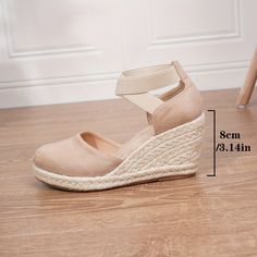 Material:FabricAll-season:All-seasonItem ID:HV46320 Casual Ankle-high Wedge Sandals For Summer, Beige Round Toe Heels For Summer, Beige Flat Heels For Summer, Summer Wedge Sandals With Heel Strap And Round Toe, Round Toe Wedge Sandals For Beach, Closed Toe Wedge Sandals For Vacation, Beige Ankle Strap Sandals For Summer, Beige Cushioned Sandals With Round Toe, Spring Closed Toe Heels With Cushioned Footbed