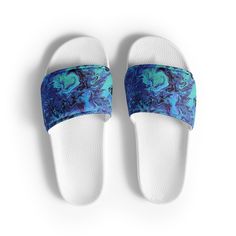 MRose Art Into the Deep Original Abstract Art Inspired Women's slides Blue Slide Flip Flops, Adjustable Slide Sandals For Pool, Non-slip Slide Flip Flops For Pool, Comfortable Beach Slides With Textured Footbed, Spring Pool Slides Slip-on, Spring Pool Slip-on Slides, Blue Non-slip Slides For Vacation, Blue Slide Flip Flops For Vacation, Spring Pool Slides In Slip-on Style