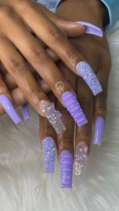 Birthday Nail Inspo Acrylic, Lavender And White Nails, Dope Nail Designs Purple, Lavender Nails Acrylic, Birthday Nails Purple, Lavender Acrylic Nails, Poppin Nails, Birthday Nail