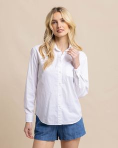 The front view of the Southern Tide Katherine Poplin Shirt by Southern Tide - Classic White Everyday Cotton Blouse With Spread Collar, Classic Button-up Blouse For Casual Gatherings, Classic Button-up Cotton Blouse, White Button-down Shirt For Everyday, Everyday White Buttoned Shirt, Classic Everyday Blouse With Pockets, Classic Shirt With Shirttail Hem For Everyday, White Shirt For Everyday, Everyday White Shirt With Placket