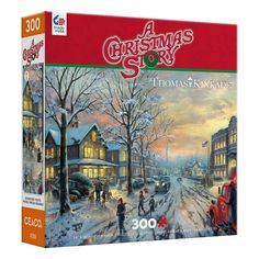 a christmas story jigsaw puzzle box with people walking in the snow and houses