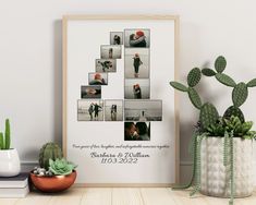 a couple's photo collage is displayed in front of some cacti and succulents