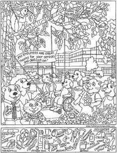 an adult coloring book with cartoon characters and words on the page, which are outlined in black and white