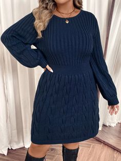 Plus Size Women Navy High Waist A-Line Hem Sleeve Cuffs Round Neck Fashionable Casual Knitted Dress, Autumn Navy Blue Casual  Long Sleeve Knitwear Plain  Slight Stretch  Women Plus Clothing, size features are:Bust: ,Length: ,Sleeve Length: Casual Knit Dress, Dress Autumn, Trendy Fall Outfits, Plus Size Sweaters, Knitted Dress, Boho Women, Kids Sleepwear