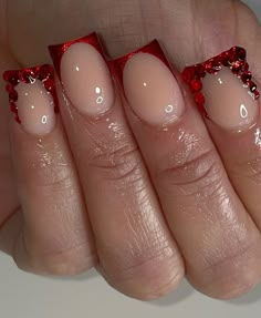 Valentine nails ideas | short nail inspo | red shorties | red acrylic nails | Short Acrylic Nails For Hoco, Red Nail Designs For Hoco, Short Red Hoco Nails, Cute Nails To Go With Red Dress, Short Red Homecoming Nails, Red Short Acrylic Nails With Rhinestones, Red Nails Design Prom, Cute Red Birthday Nails, Shorties Birthday Nails