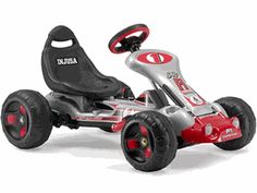 the pedal go kart is red and silver