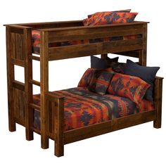 a wooden bunk bed with an orange and blue comforter on top of the bed