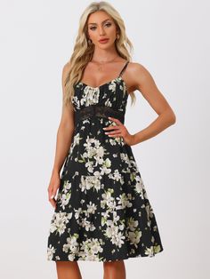 Shop Allegra K for spaghetti strap smocked back ruffled hem midi floral tiered dress sundress you are looking for, get more women's dresses for yourelf. Order now! Free Returns! Floral Dresses Short, Floral Sundress, Floral Print Maxi Dress, Midi Short Sleeve Dress, Versatile Dresses, Flowy Dress, Floral Dress Black, Tiered Dress, Floral Midi Dress