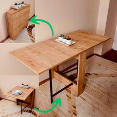 the table is made out of wood and has two small bowls on top of it